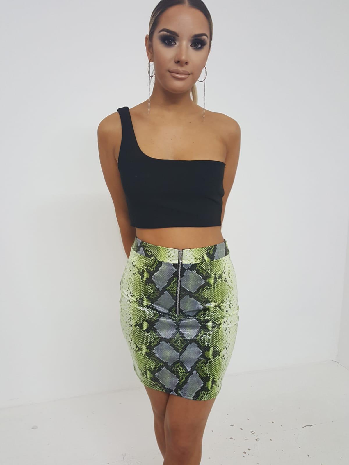 Green Snake Print Zip Up Skirt