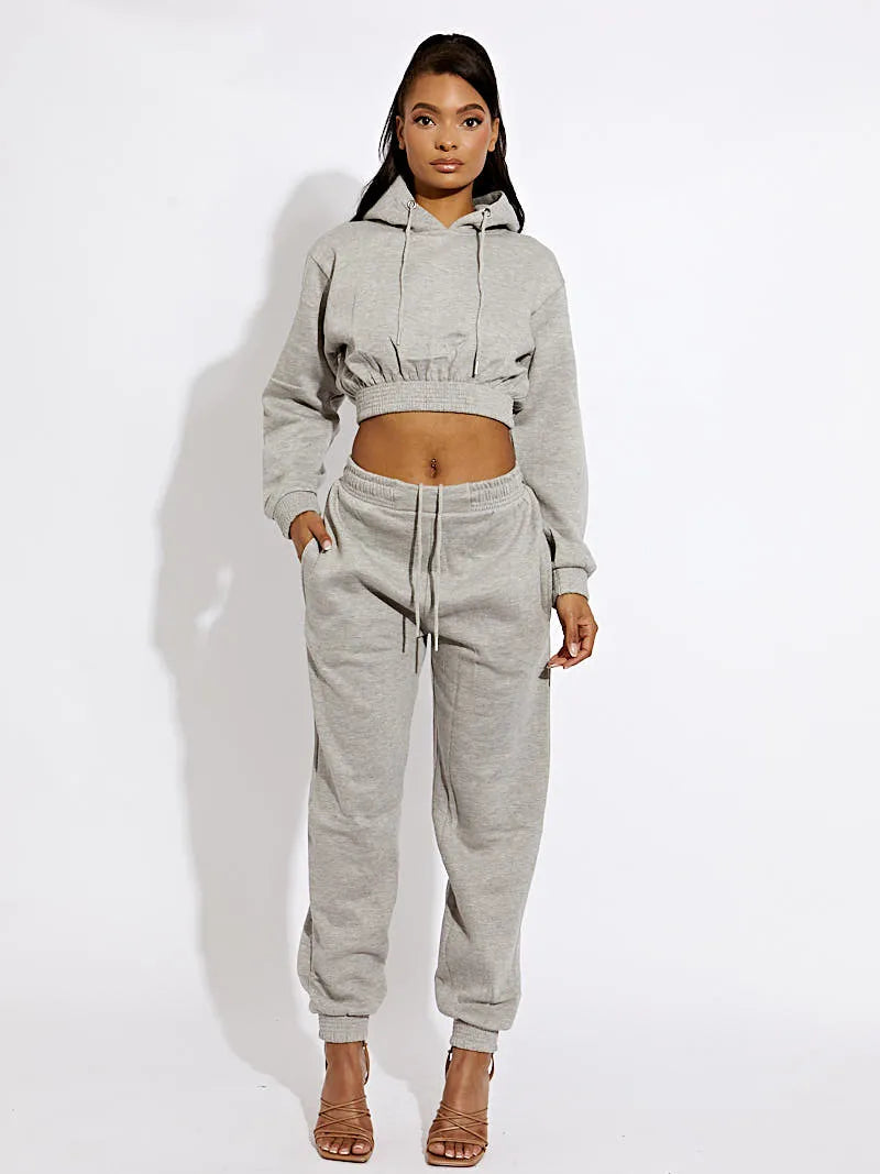 Grey Cropped Hoodie & Jogger Fleece Loungewear Co-ord