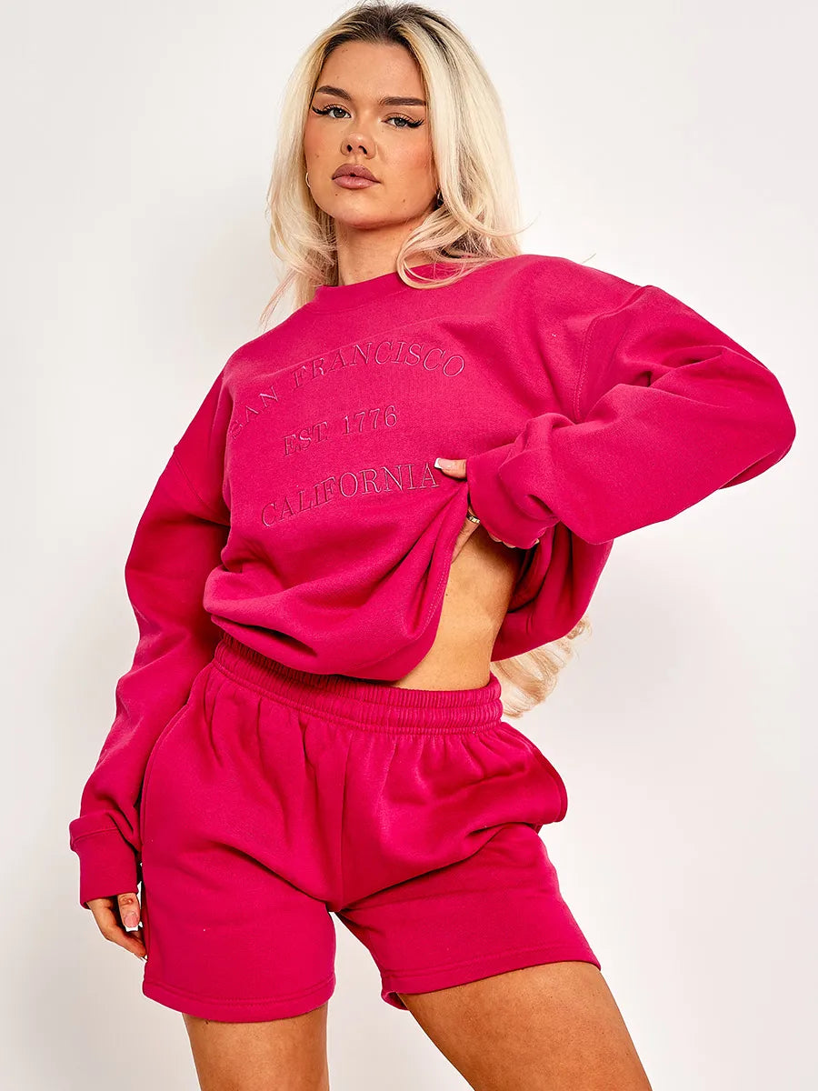 Hot Pink Embroidered San Francisco Sweatshirt Shorts Co ord Set