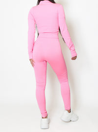Hot Pink Zip Jacket Ribbed Seamless Two Piece Gym Set 