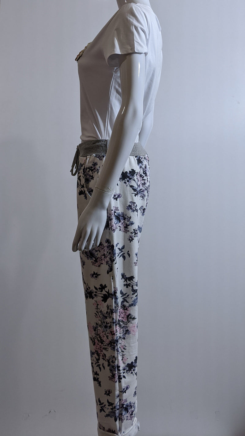 White Navy Floral Print Trouser