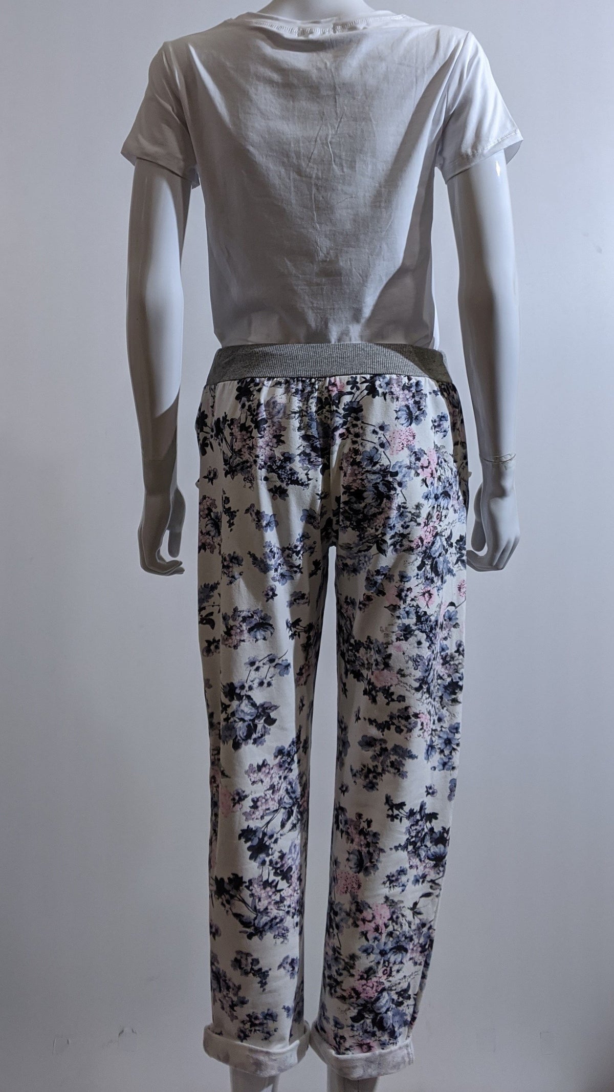 White Navy Floral Print Trouser