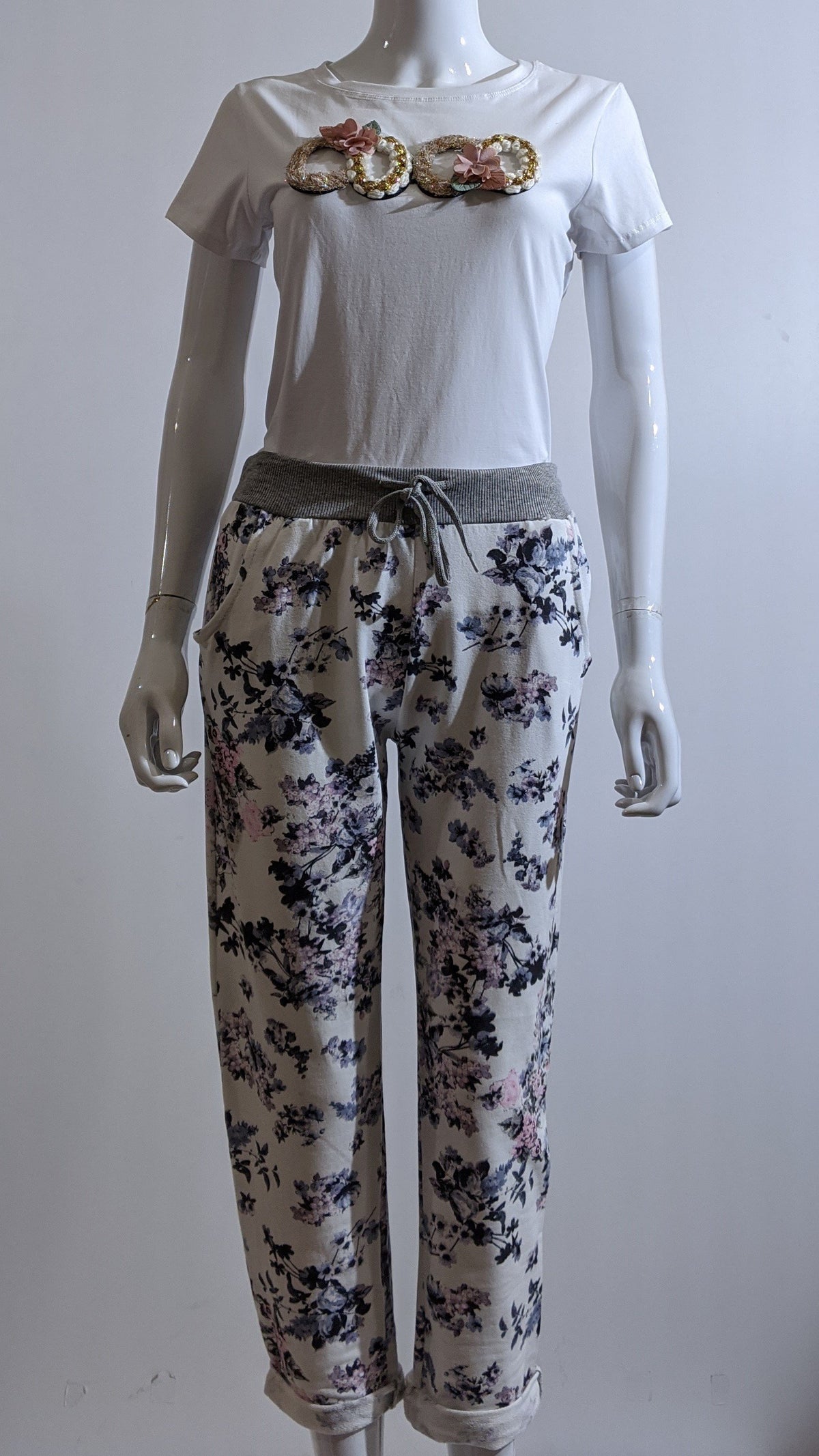 White Navy Floral Print Trouser