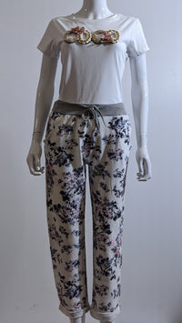 White Navy Floral Print Trouser