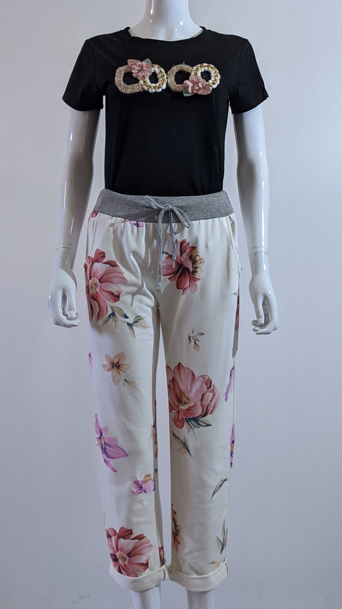 Cream Pink Floral Print Trouser