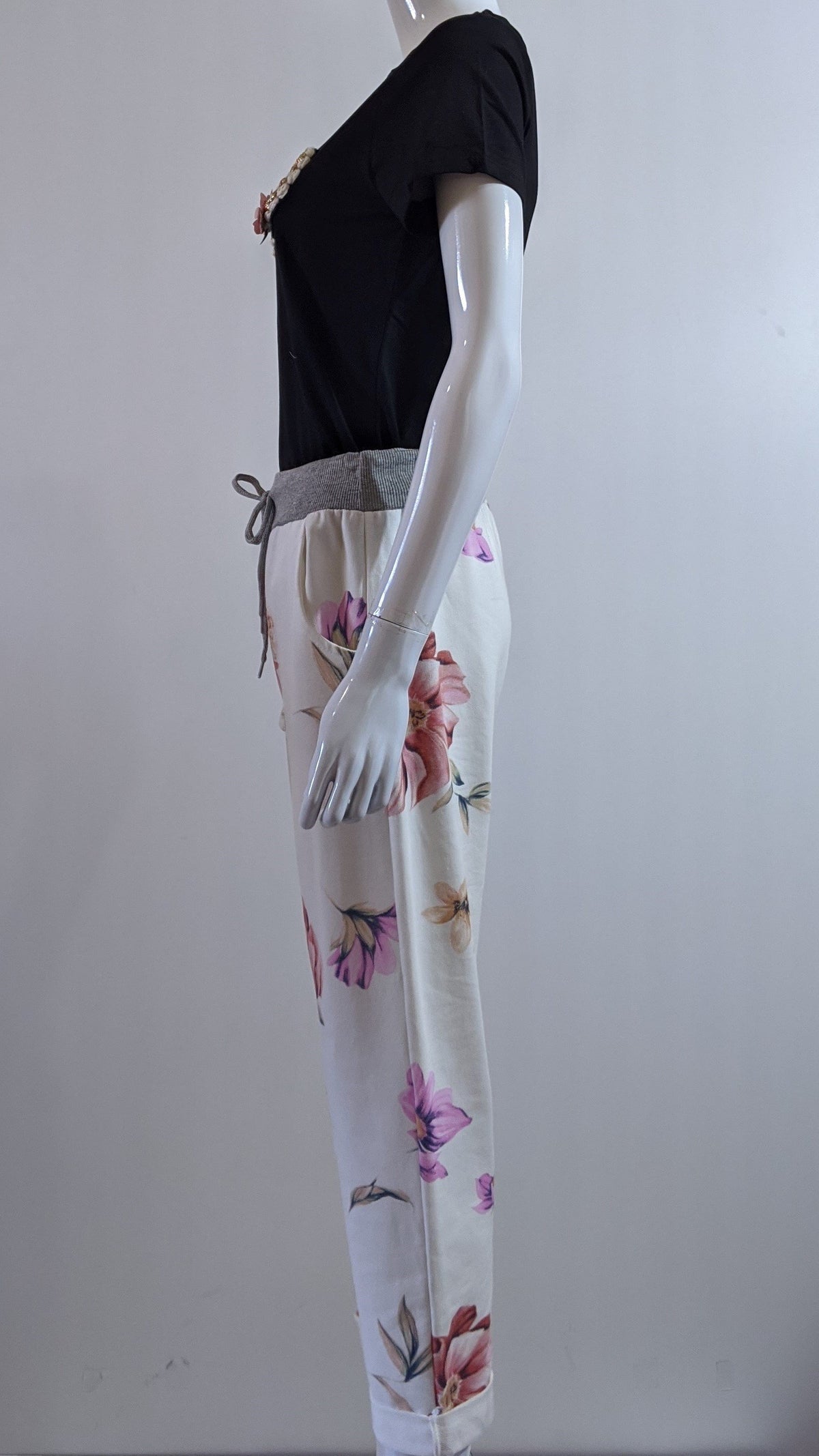 Cream Pink Floral Print Trouser