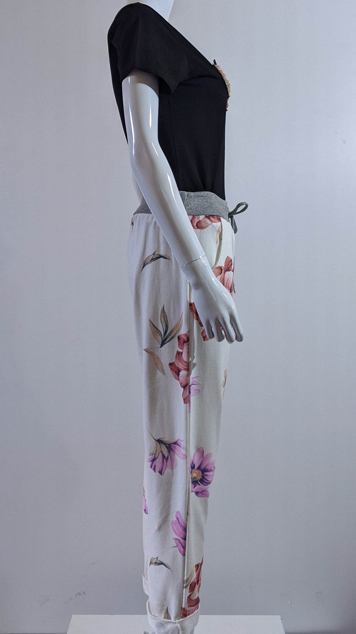 Cream Pink Floral Print Trouser