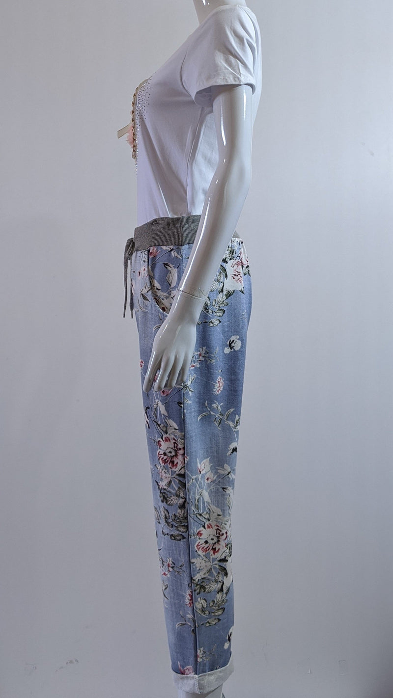 Denim Floral Print Trouser
