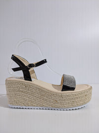Black Patent Diamante Espadrille Wedge Sandals
