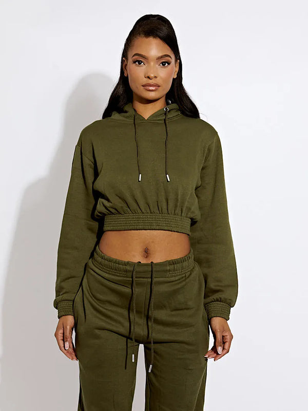 Khaki Green Cropped Hoodie & Jogger Fleece Loungewear Co-ord