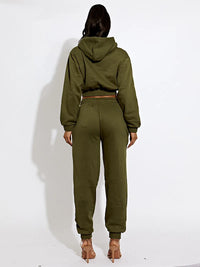 Khaki Green Cropped Hoodie & Jogger Fleece Loungewear Co-ord