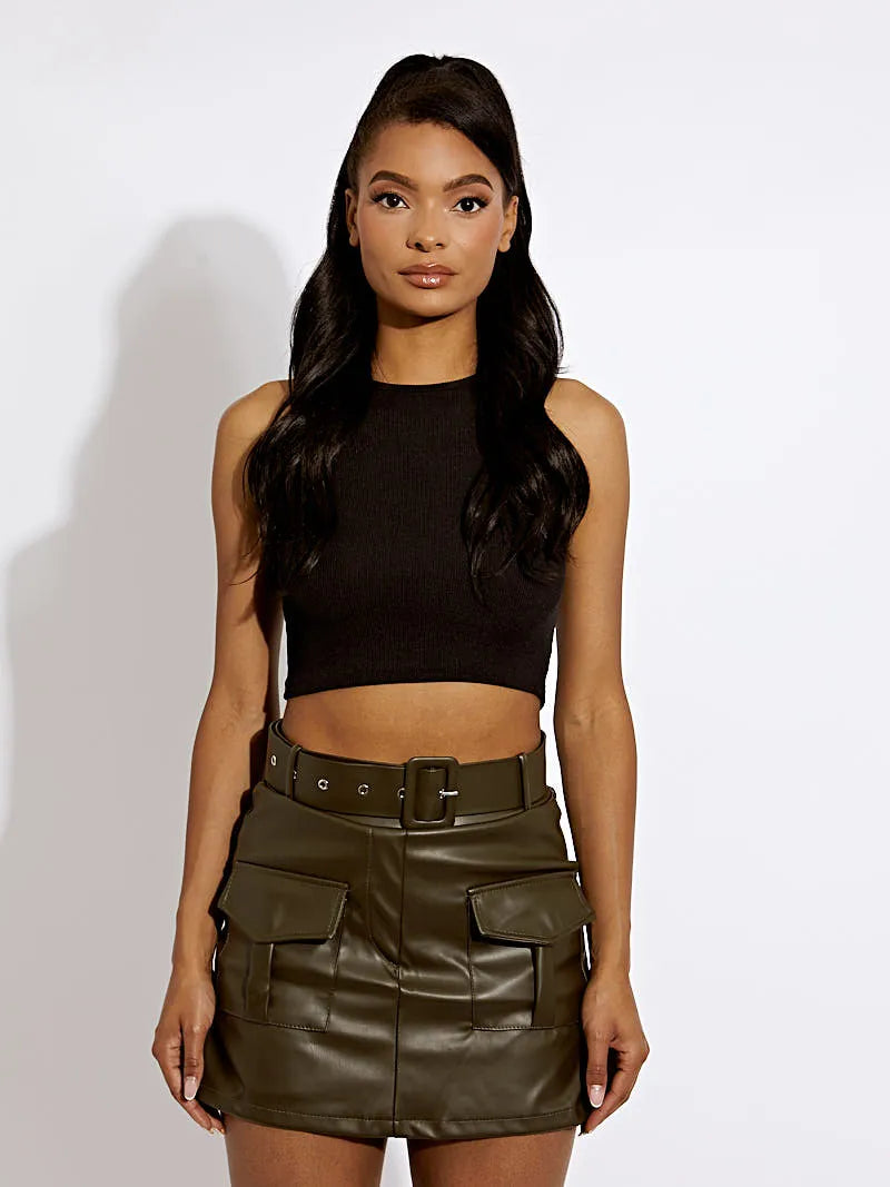 Khaki Green Faux Leather Cargo Skort With Matching Belt