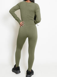 Khaki Green Long Sleeves Ribbed Seamless Jumpsuit Unitard