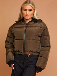 Khaki Green Rib Collar Detail Cropped Puffer Jacket