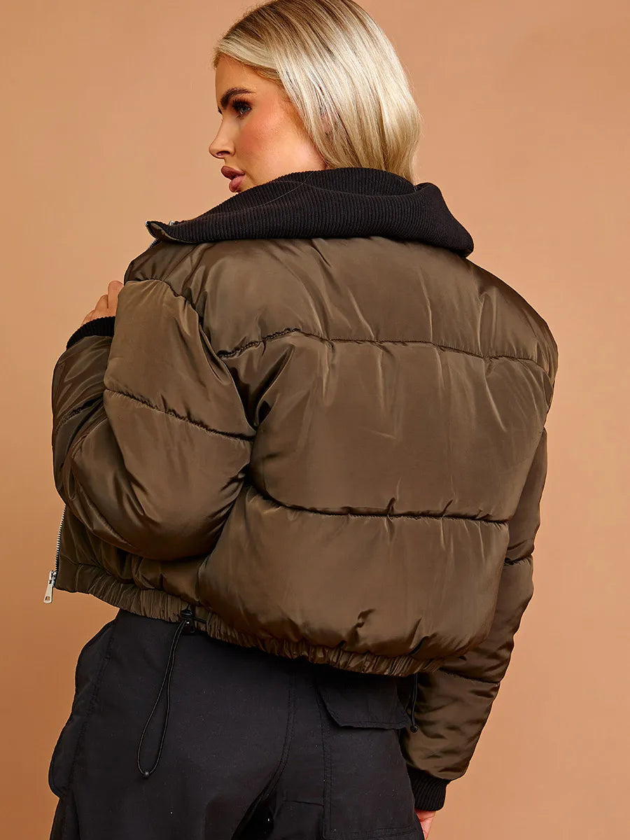 Khaki Green Rib Collar Detail Cropped Puffer Jacket