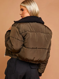 Khaki Green Rib Collar Detail Cropped Puffer Jacket