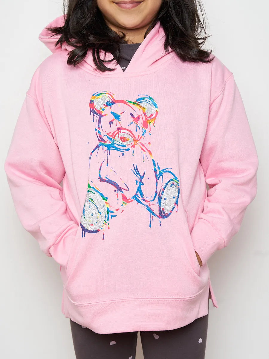 Kids Cute Pink Teddy Bear Graphic Print Fleeced Hoodie