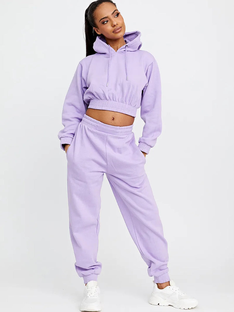Lilac Purple Cropped Hoodie & Jogger Fleece Loungewear Co-ord