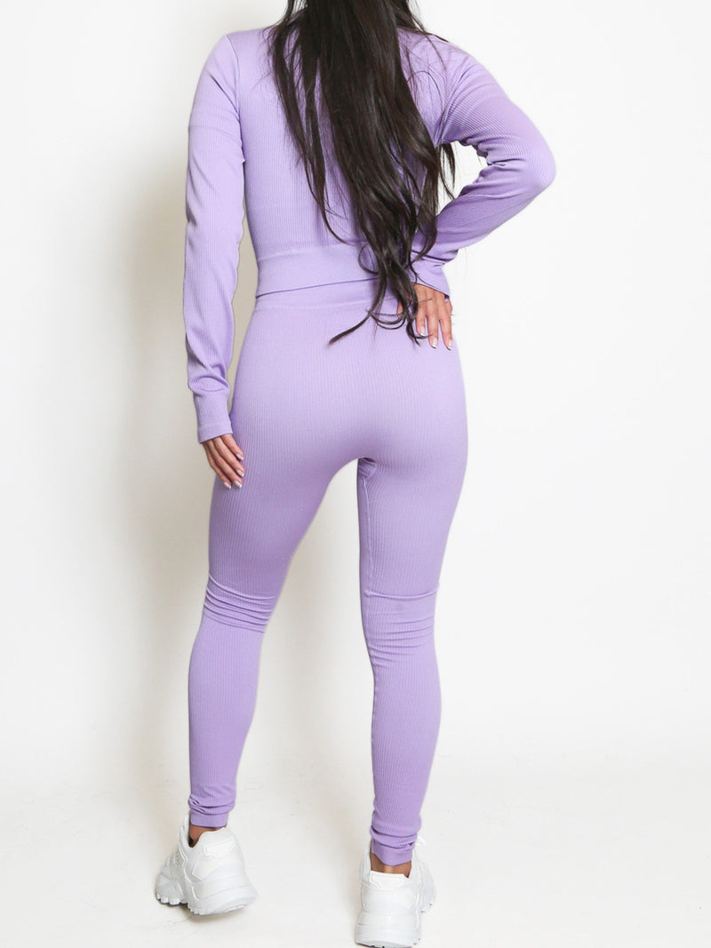 Lilac Zip Jacket Ribbed Seamless Two Piece Gym Set 