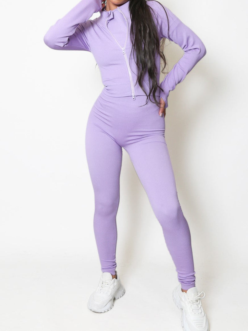 Lilac Zip Jacket Ribbed Seamless Two Piece Gym Set 
