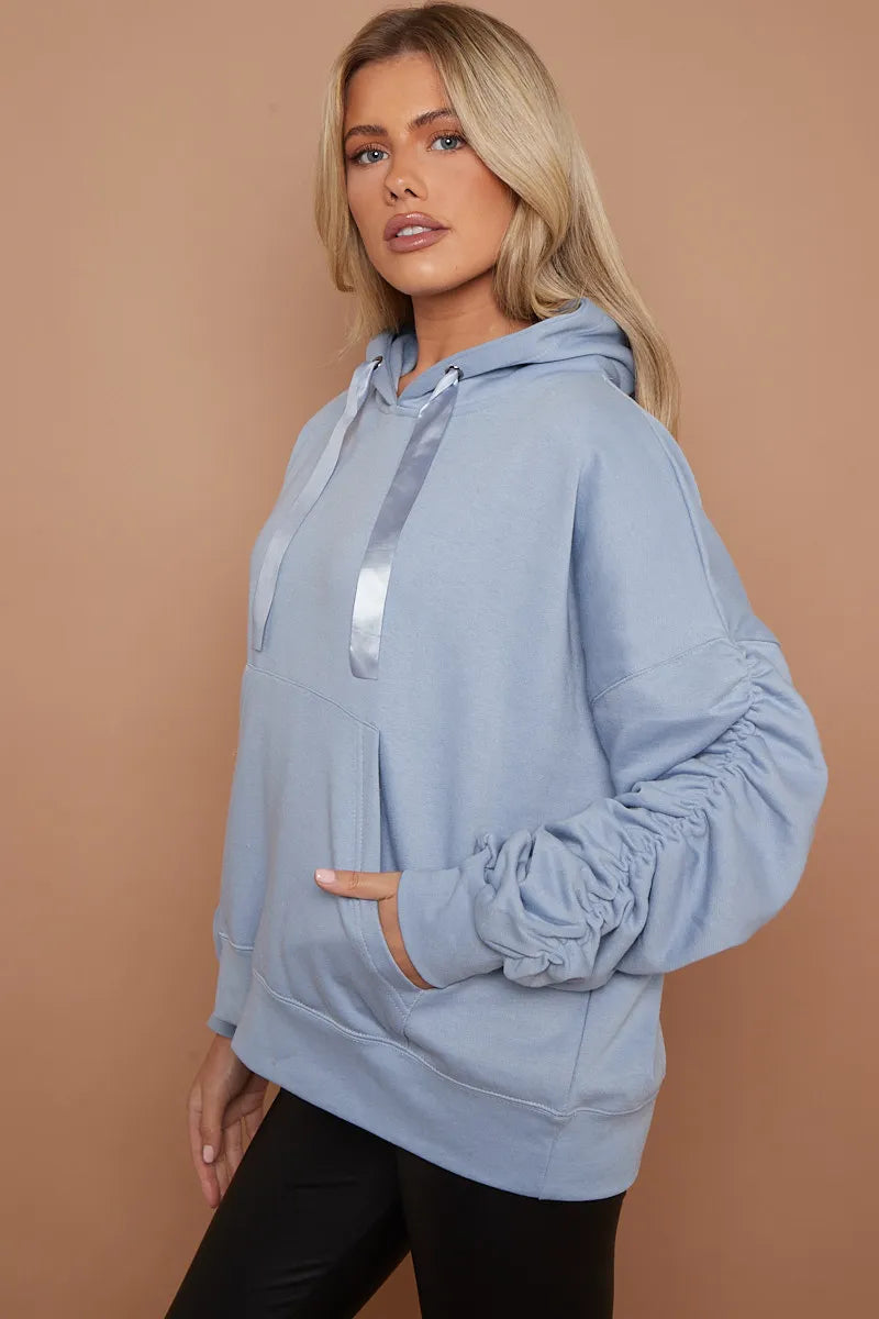 Pale Blue Ribbon Drawstring Ruched Sleeves Fleeced Hoodie