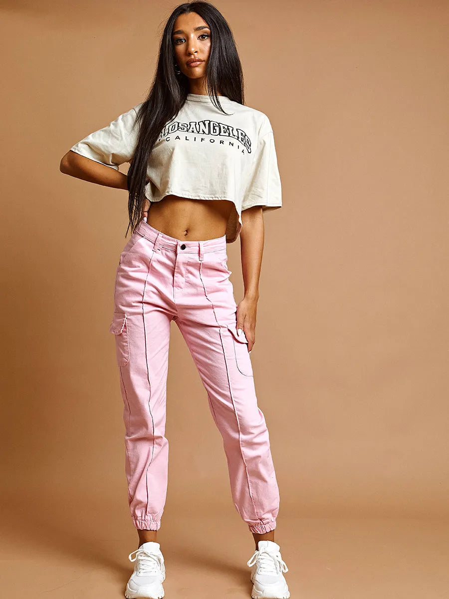 Pink Cargo Combat Pocket Jeans Trousers