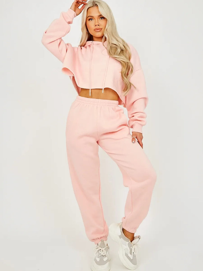 Pink Cropped Hoodie & Jogger Fleece Co-ord Loungewear Set