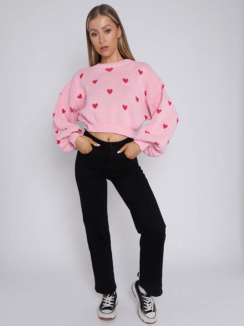 Pink Love Heart Detail Oversized Cropped Knitted Jumper