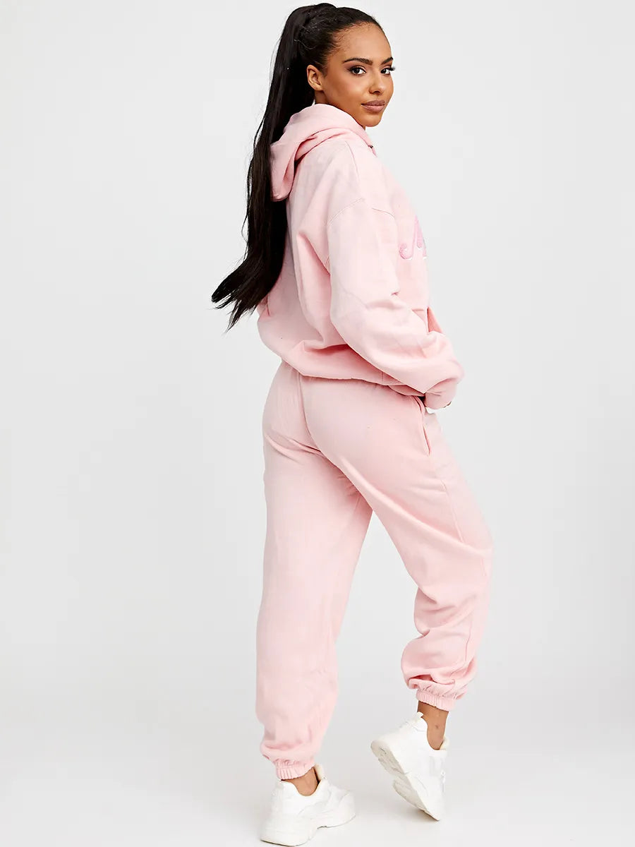 Pink Towelling Embroidered New York Hooded Fleece Loungewear Set