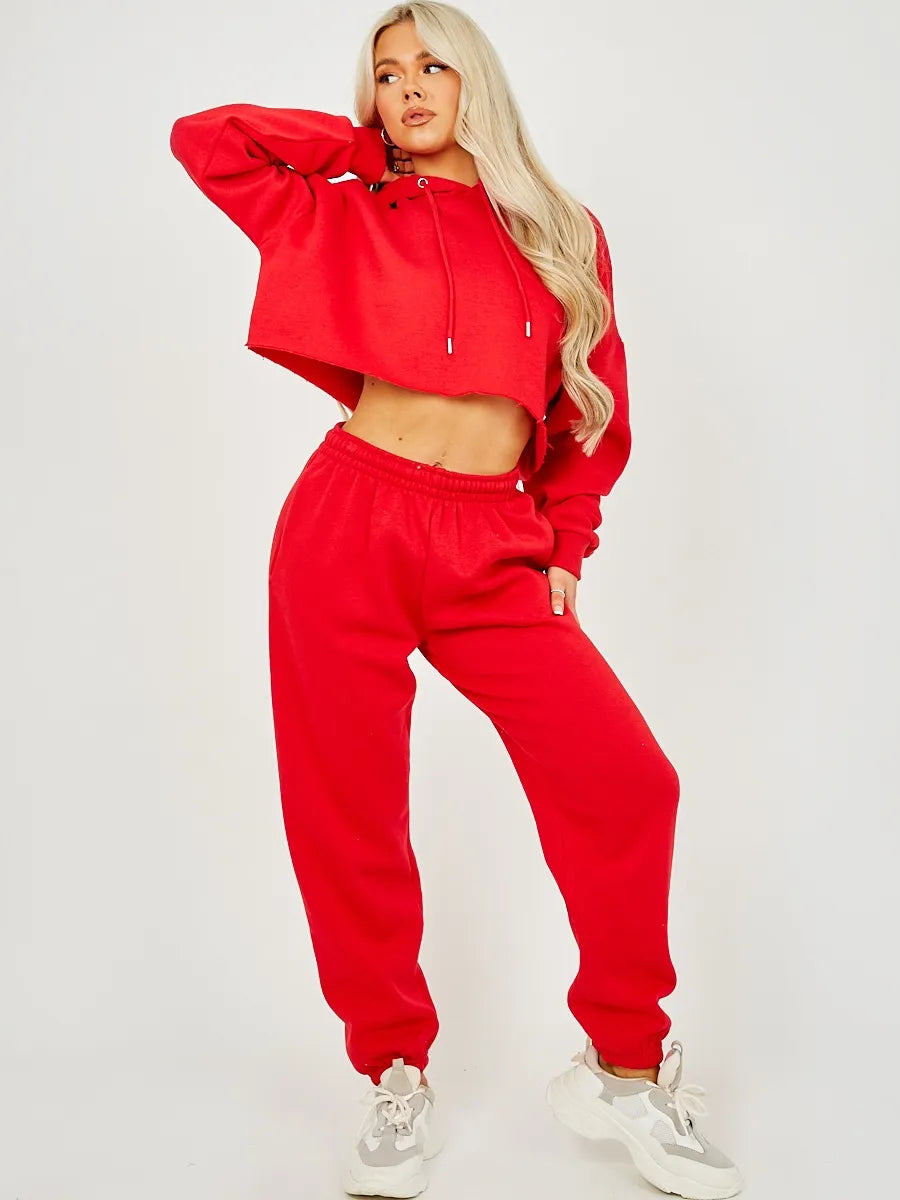 Red Cropped Hoodie Jogger Fleece Co ord Loungewear Set