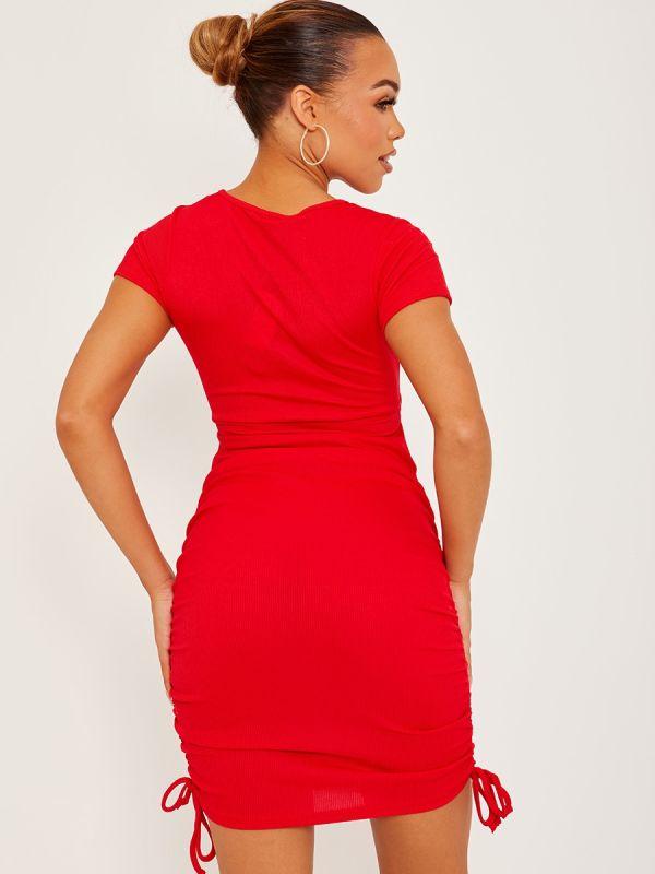 Red Cut Out Twist Front Ruched Ribbed Dress