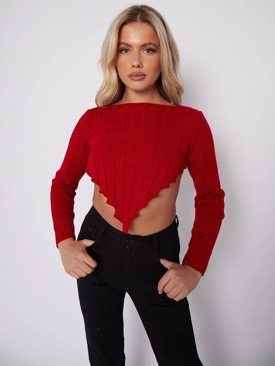 Red Long Sleeves Asymmetric Dip Hem Ribbed Knit Crop Top