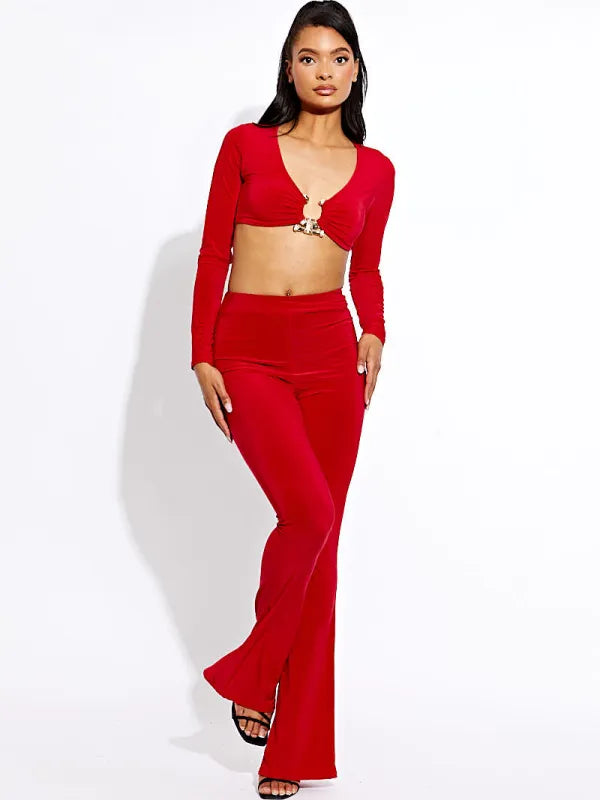 Red Long Sleeves Ring Detail Crop Top & Flare Trousers Co-ord Set