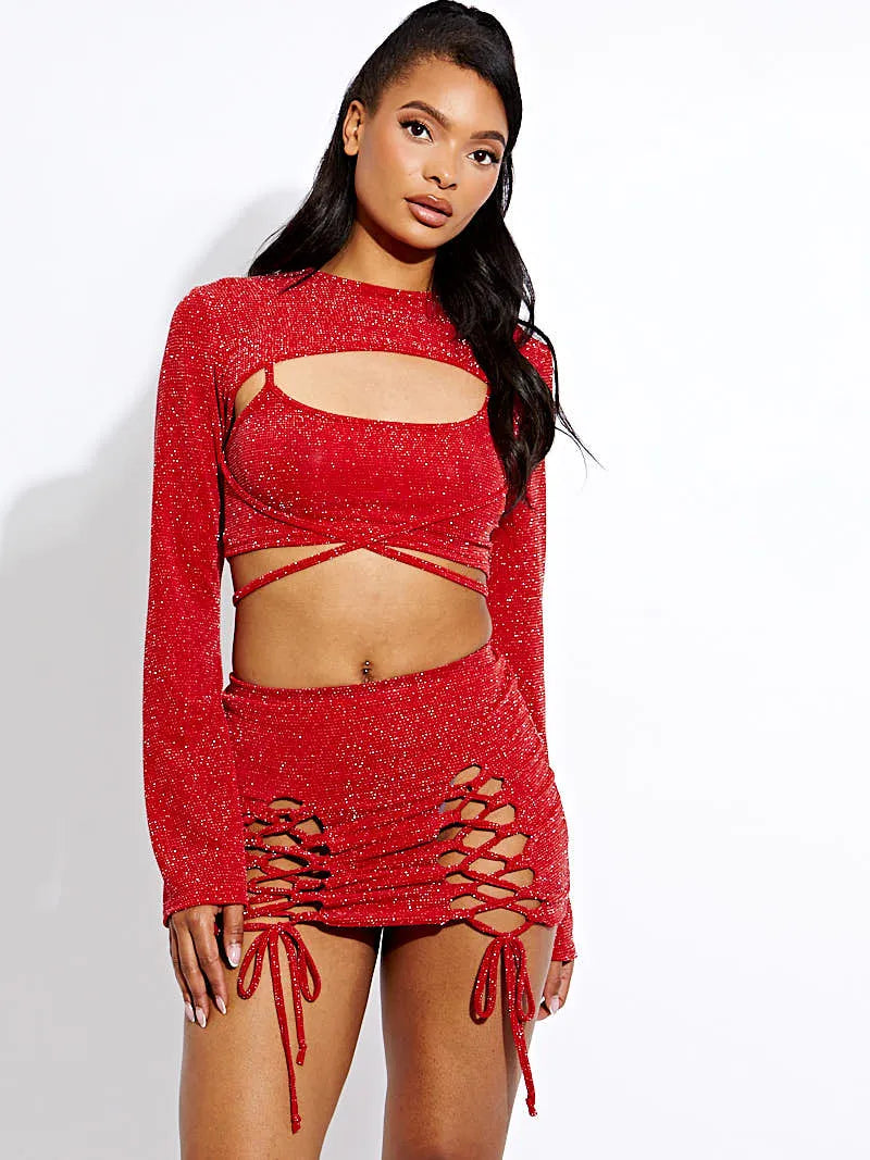 Red Lurex 3 Piece Crop Top & Lace Up Mini Skirt Co-ord Set