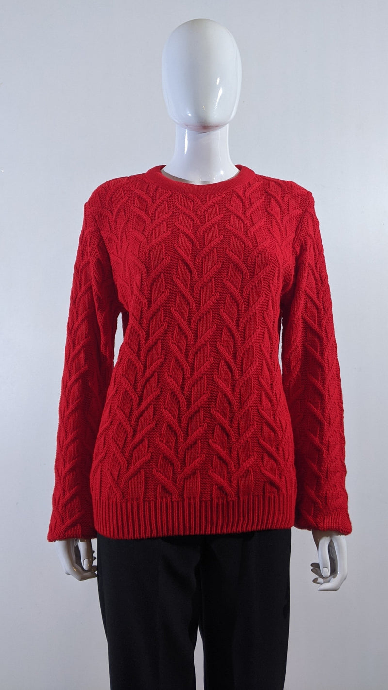 Red Wide Cable Knit Round Neck Jumper