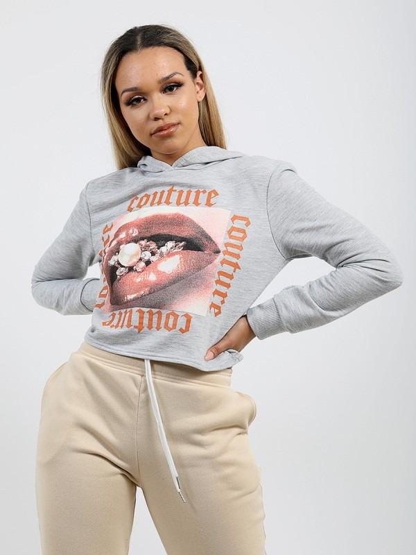 Grey Couture Lip Print Cropped Hoodie