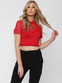 Red Butterfly Embroidered Mesh Crop Top