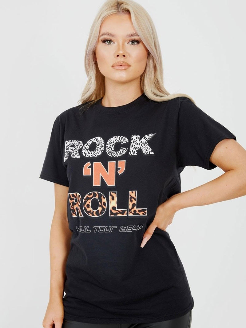 Black 'Rock N Roll' Graphic Printed T-Shirt
