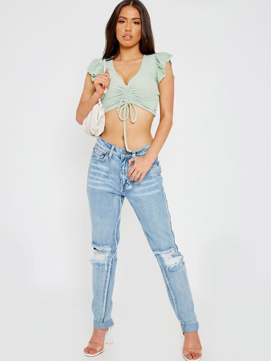 Sage Green Cap Sleeve Ruched Front Ribbed Crop Top 