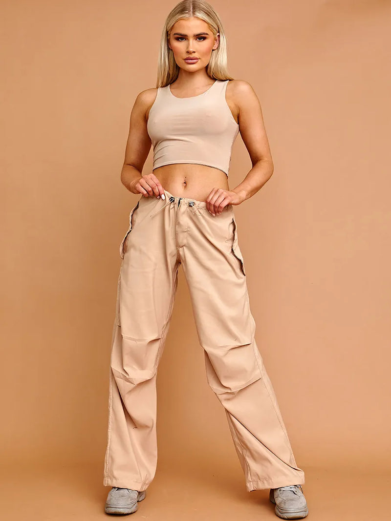 Stone Baggy Balloon Cargo Trousers With Toggle Details