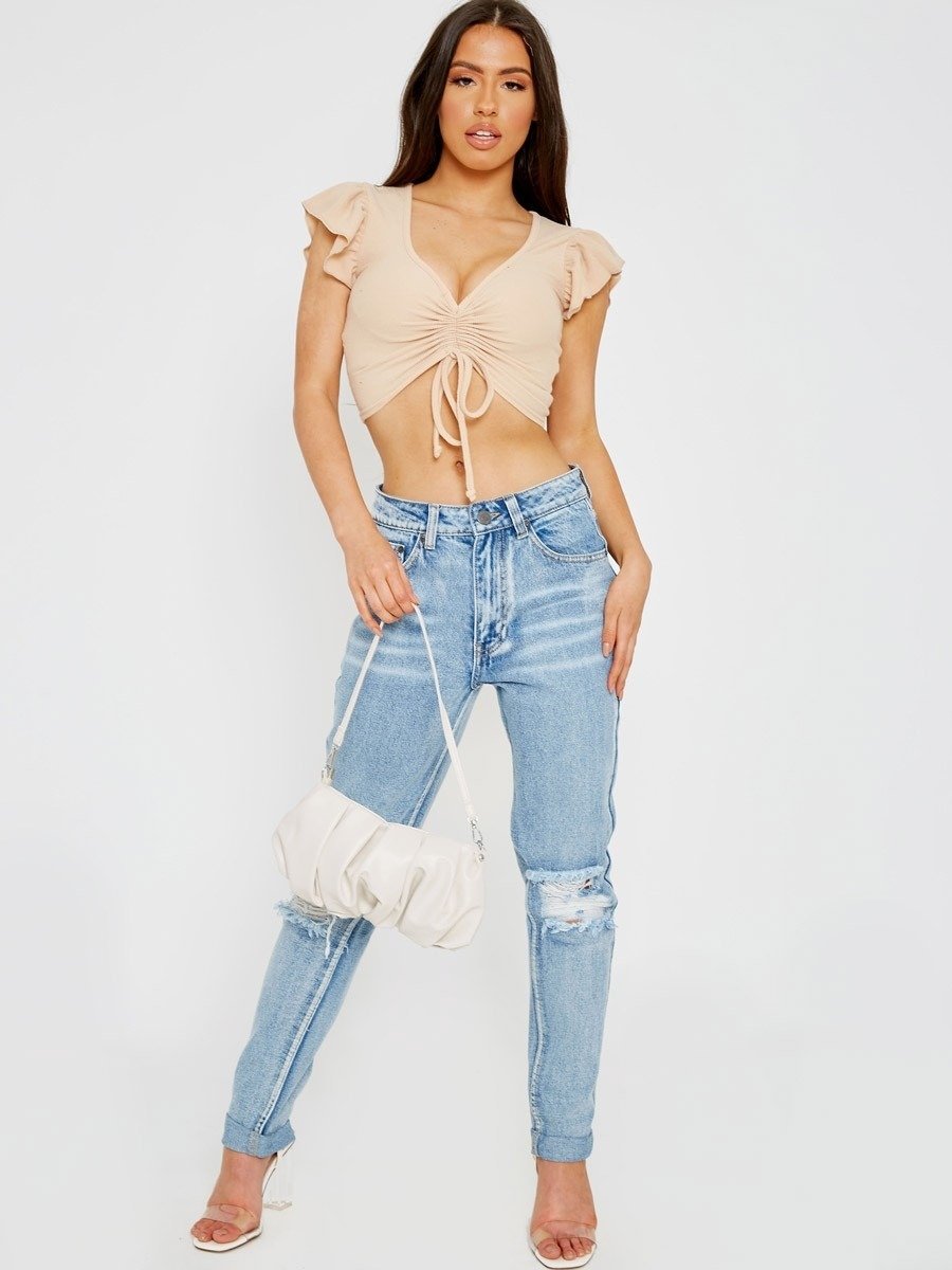 Stone Cap Sleeve Ruched Front Ribbed Crop Top 