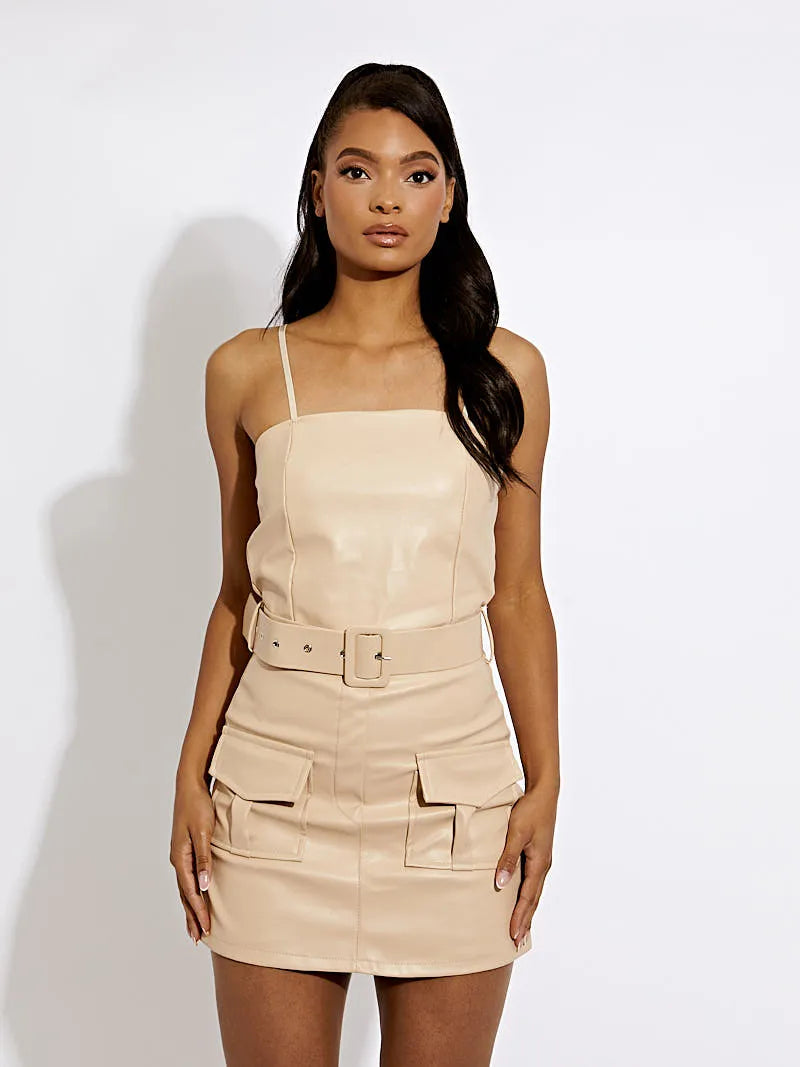 Stone Faux Leather Cargo Strap Skort Dress With Matching Belt