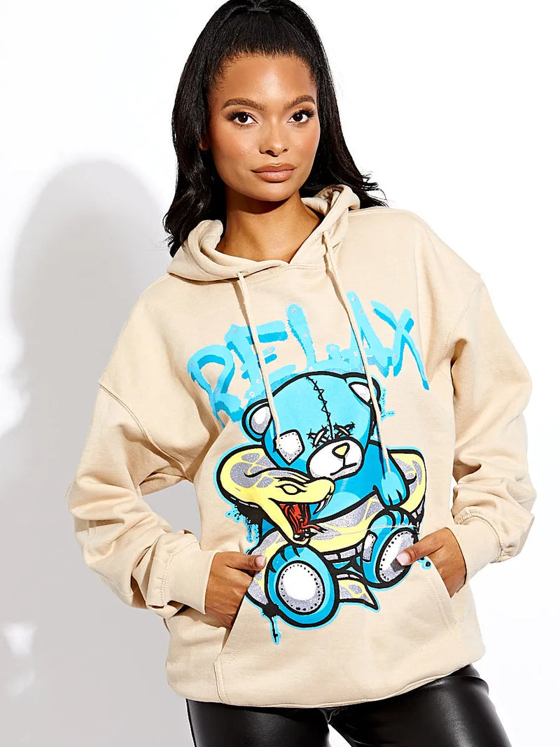 Stone Relax Snake Teddy Bear Graphic Print Oversized Hoodie