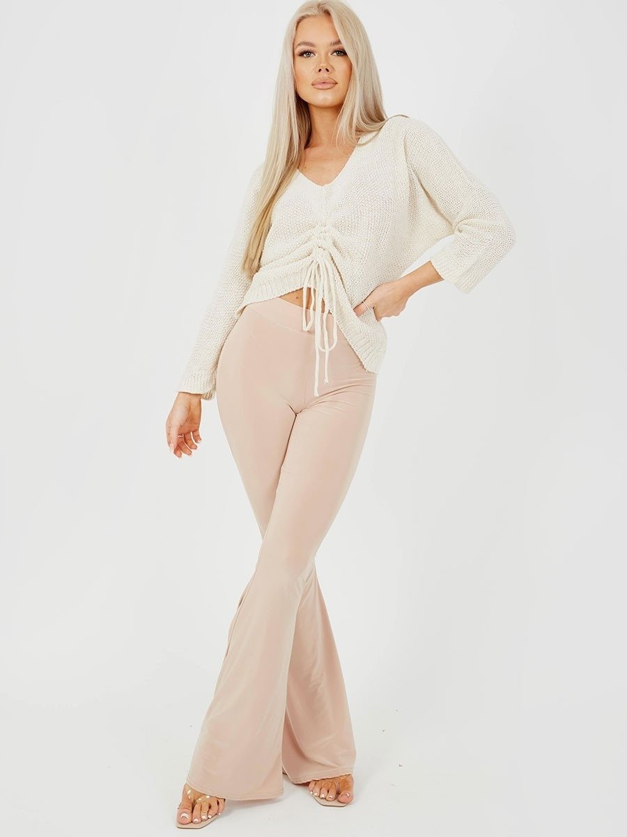 Stone Ruched Scrunch Back Slinky Flared Trousers –
