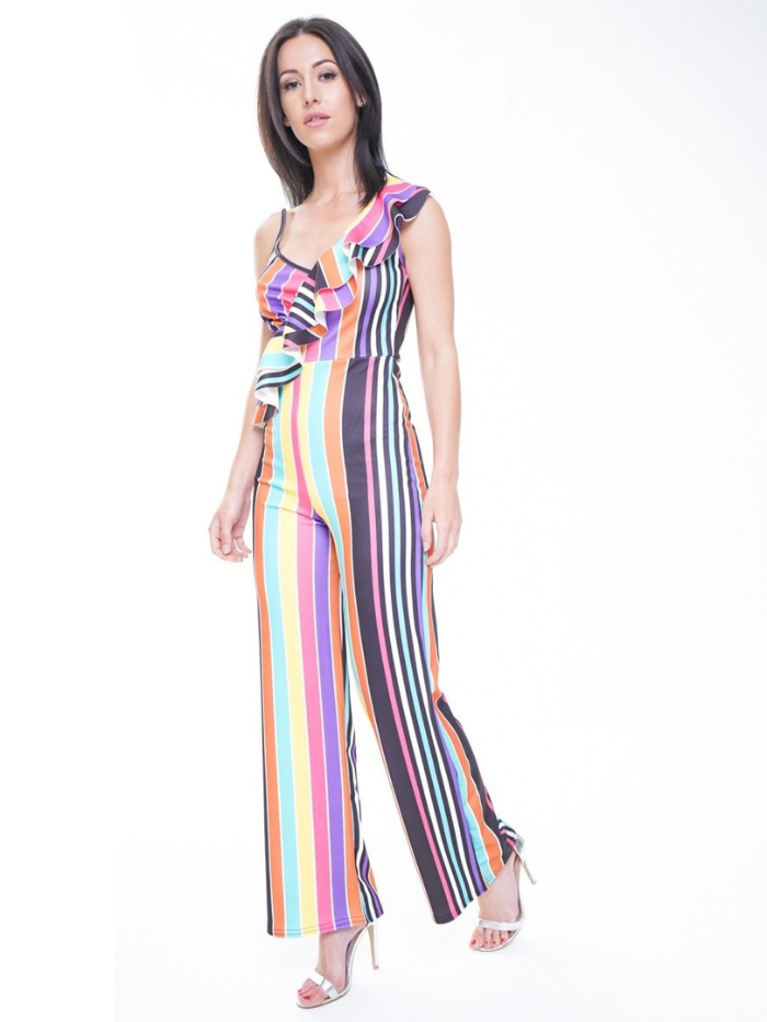 Multi Colour Stripe Ruffle Jumpsuit