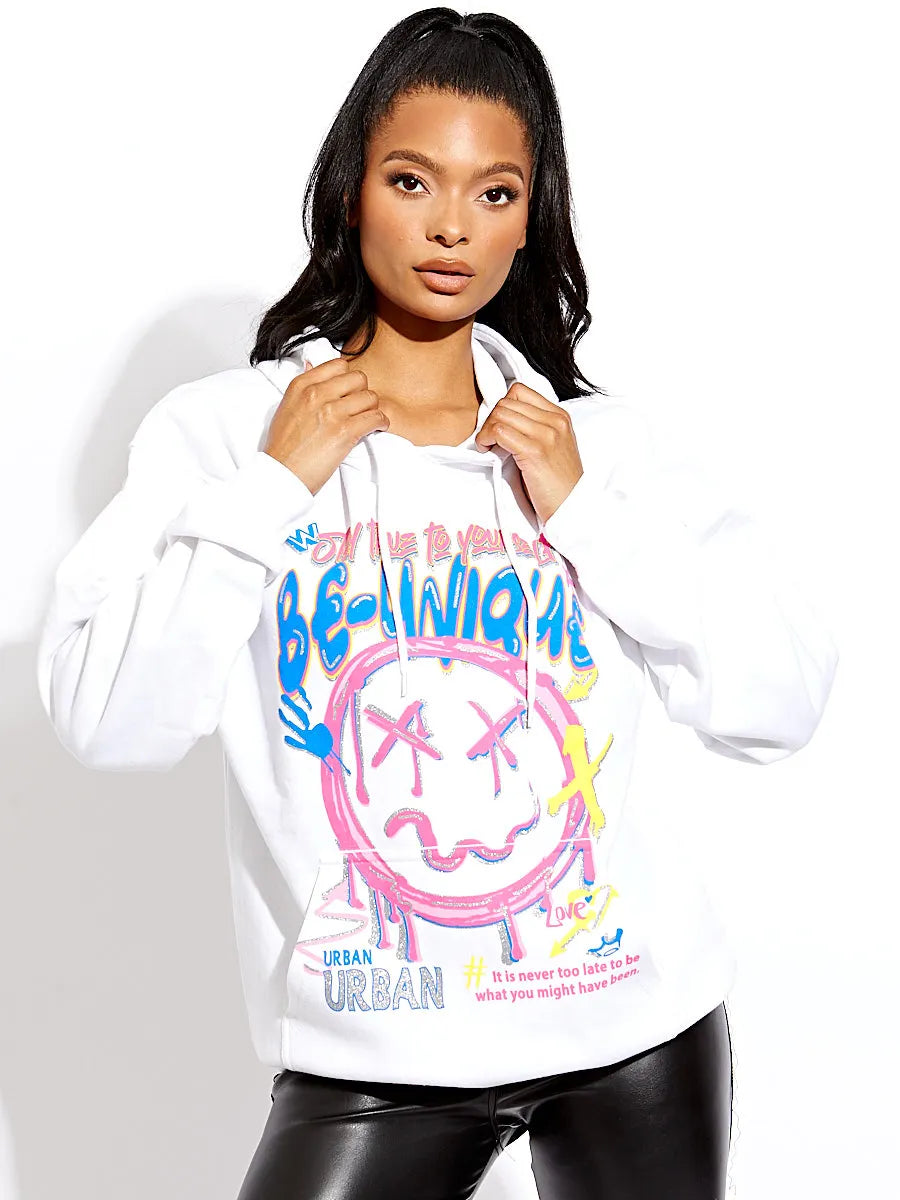 White Be Unique Graphic Print Oversized Hoodie