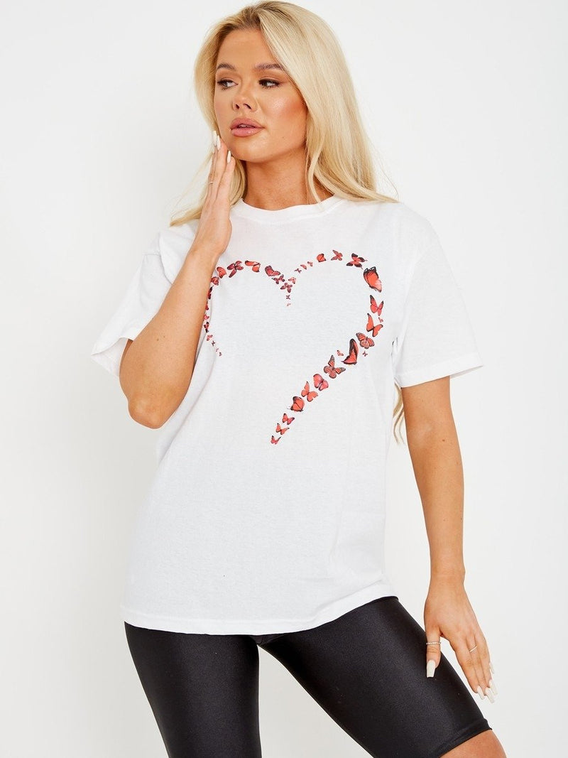 White Butterfly Heart Graphic T-Shirt