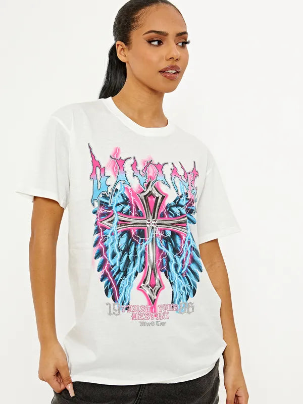 White Divine Cross Graphic Printed T-Shirt