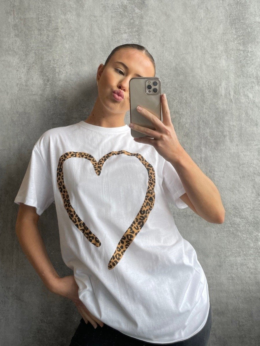 White Leopard Heart Graphic T-Shirt
