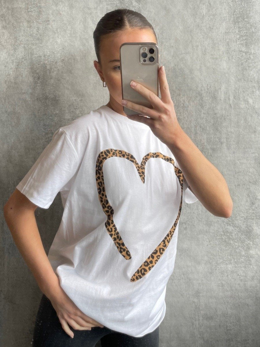 White Leopard Heart Graphic T-Shirt